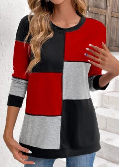 Black Patchwork Long Sleeve Round Neck Sweatshirt -Women Clothing Sales Store 345341 P 16986340211473