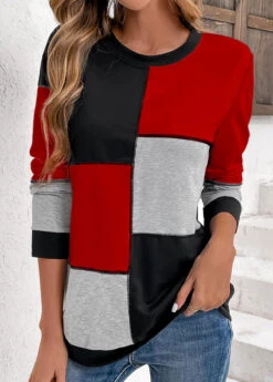 Black Patchwork Long Sleeve Round Neck Sweatshirt -Women Clothing Sales Store 345341 P 16986340213575