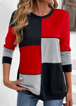 Black Patchwork Long Sleeve Round Neck Sweatshirt