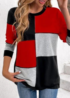 Black Patchwork Long Sleeve Round Neck Sweatshirt -Women Clothing Sales Store 345341 P 16986340216914