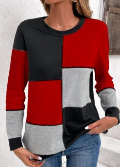 Black Patchwork Long Sleeve Round Neck Sweatshirt -Women Clothing Sales Store 345341 P 16986340217802