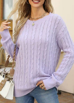 Light Purple Cable Long Sleeve Round Neck Sweater